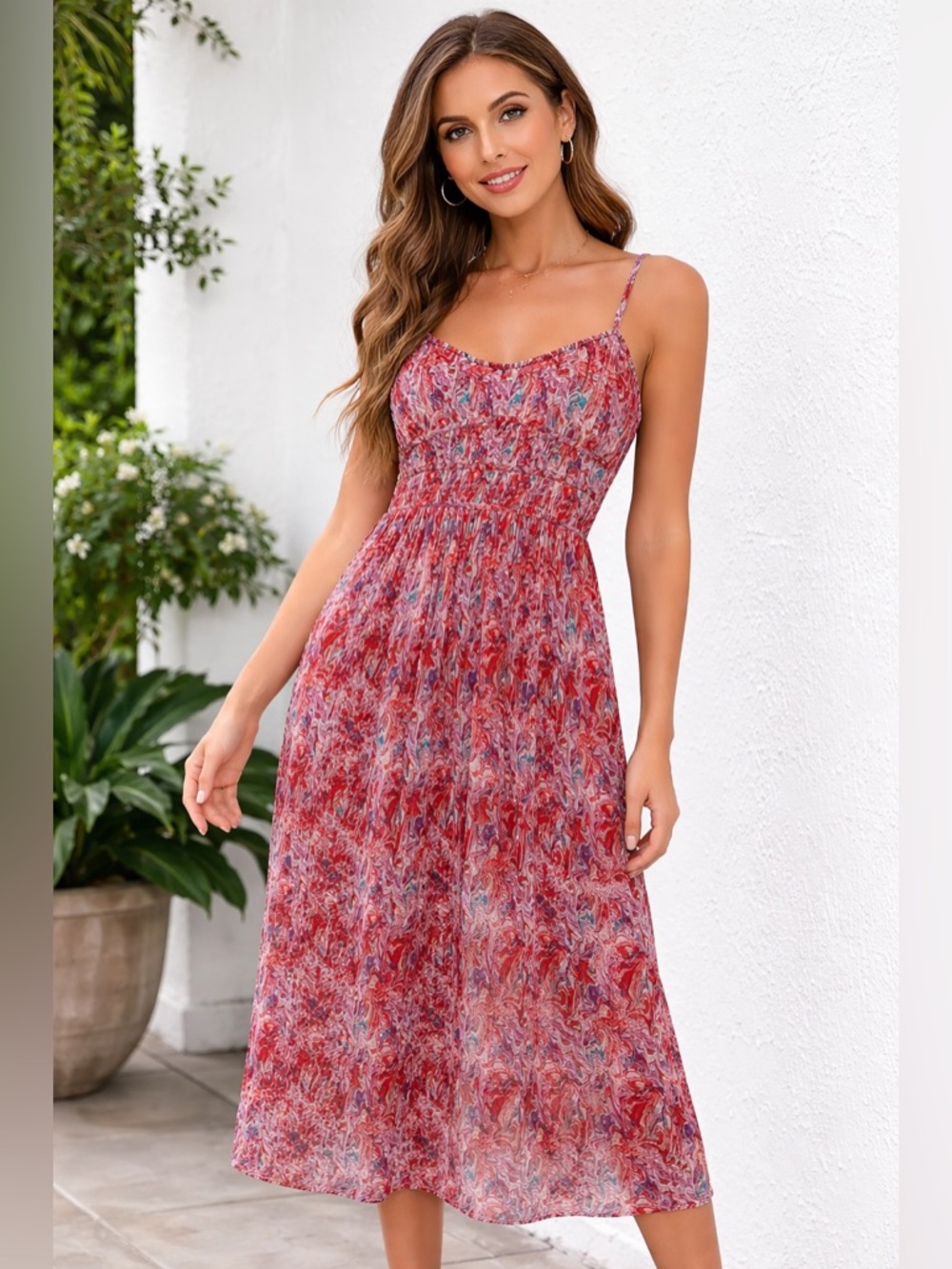 ✨Forever 21 Abstract Print Cami Midi Dress Plisse Milkmaid S